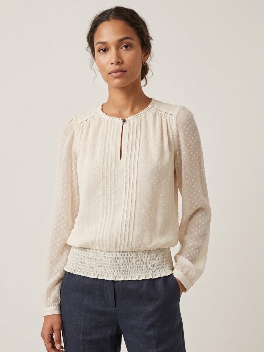 Vero Moda Cream Swiss Dot Ruffle-Neck Blouse